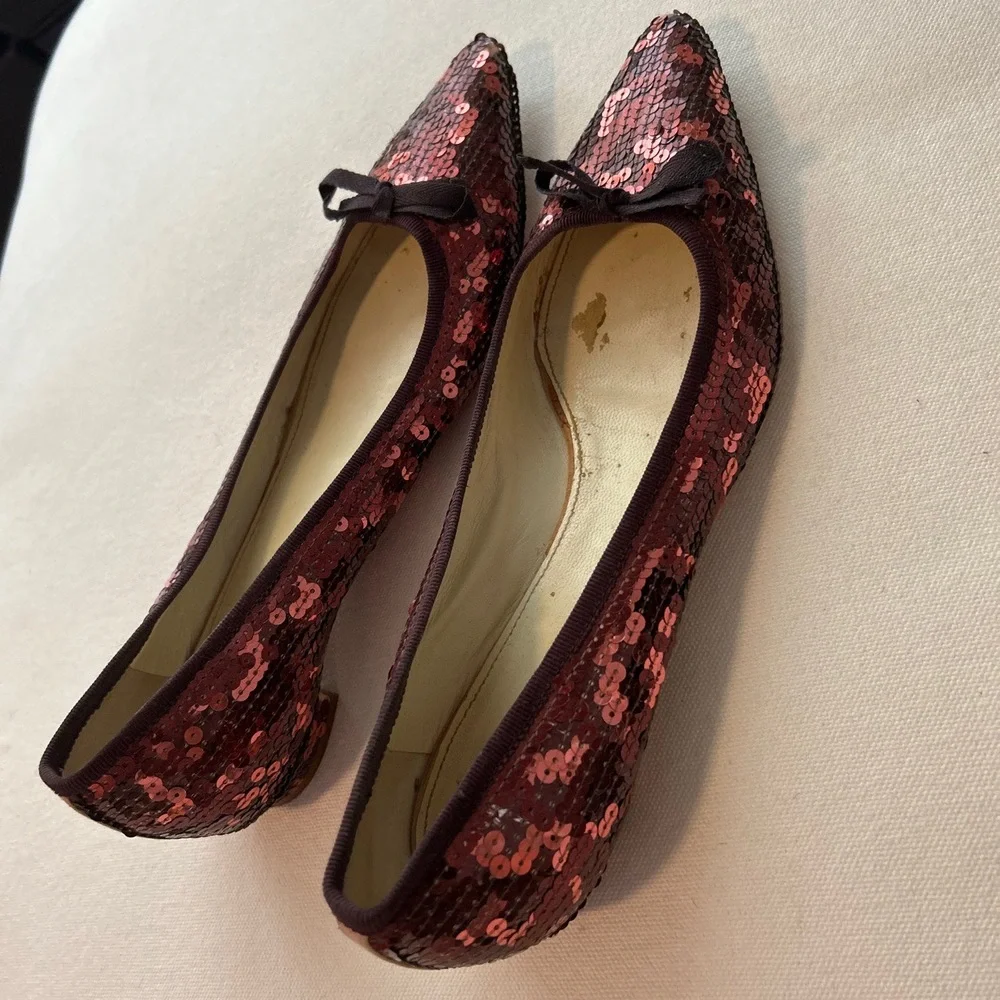 Miu Miu Burgundy Red Sequin Ballet Flats Bow Detail Size 39.5 Sparkle Valentine - Picture 8 of 8